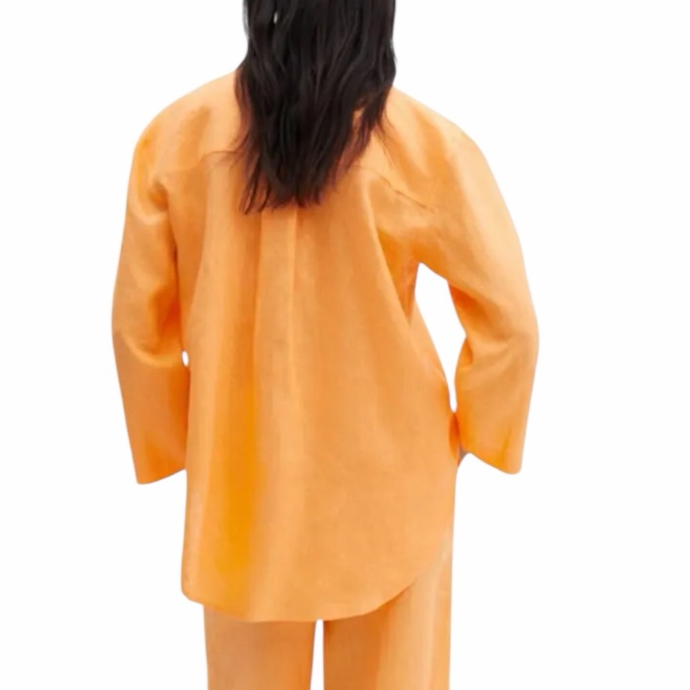 MANGO Linen Popover Shirt V-neck 100% linen in Mandarin Orange size Small - Picture 2 of 7